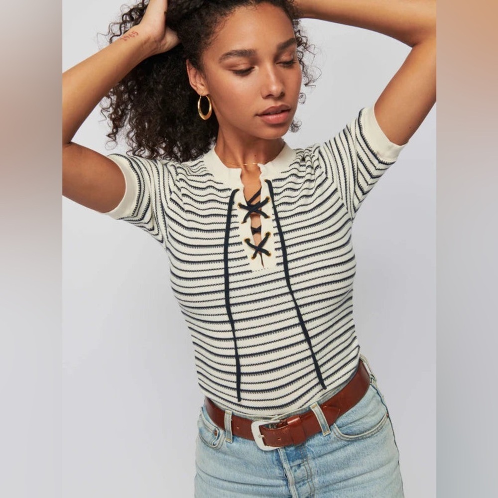Nation LTD REEVE LACE UP TEE - FREEHAND STRIPE - Picture 3 of 11